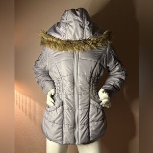 Rampage Gray Puffer With Faux Fur Trim Removable Hood